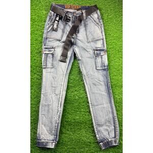 VIP Jeans Womens Cargo Pants Size 9/29 Blue Denim Utility Pockets Belted Stretch